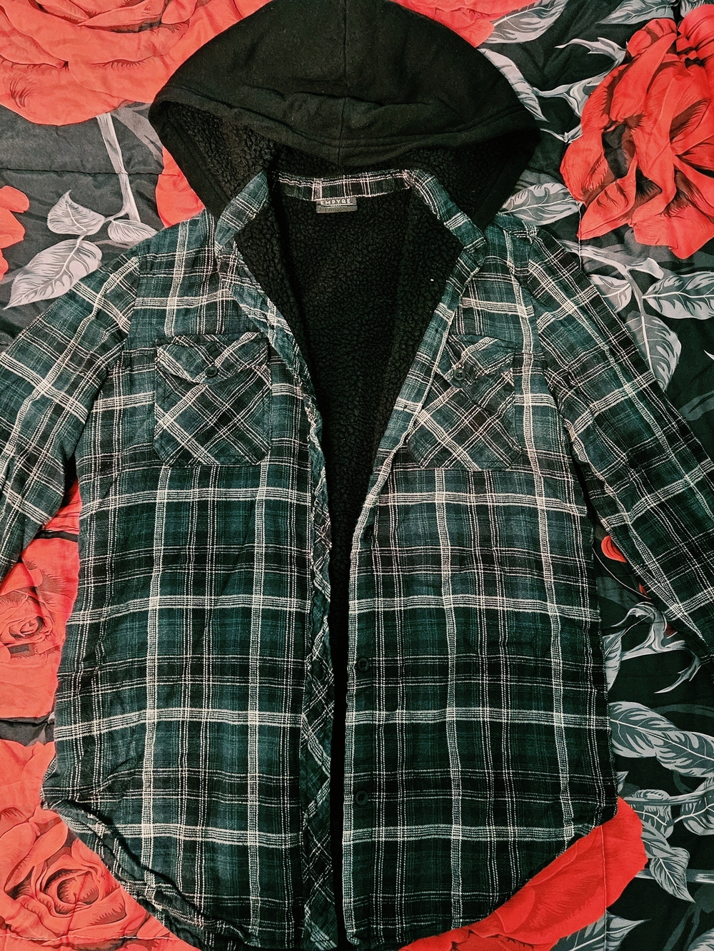 Empyre Womens Plaid Hooded Sherpa-Lined Jacket - Green/Black